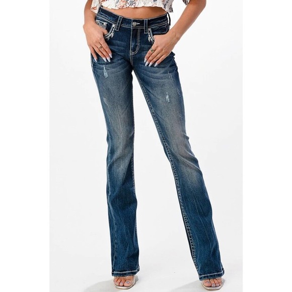 Grace in LA Women's Western Steer Cow Head Distressed Bootcut Stretch Jeans - Picture 2 of 7